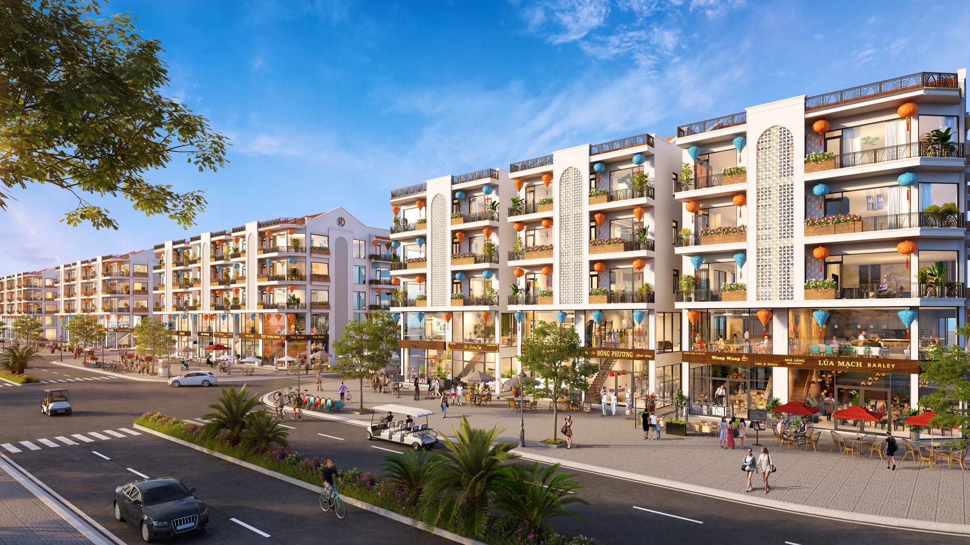 Dãy shophouse mái ngói trên trục nội khu Royal An Nam Living